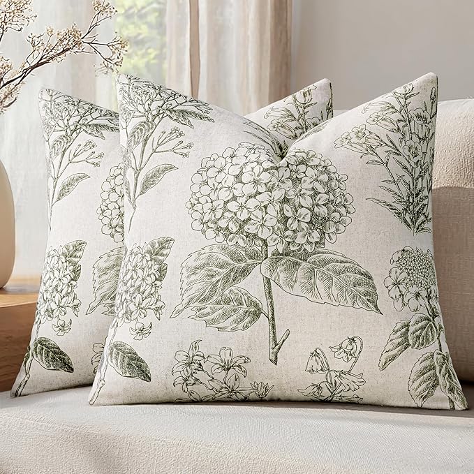 Set of 2 Decorative Floral Neutral Pillow Covers 18x18 Inch Light Green Hydrangea Print Spring Boho Vintage Throw Cushion Covers for Sofa Couch Porch Bedroom Living Room Summer Home Decor