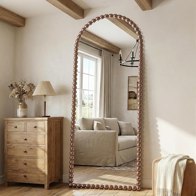 Antok 71" x 28" Arched Full Length Mirror, Antique Beaded Frame Floor Standing or Wall Mounted Mirror with Stand for Bedroom, Entryway, Brown, Luxury Style