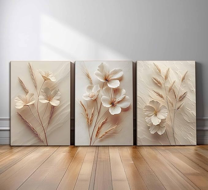 3Pcs Neutral Beige Floral Botanical Canvas Wall Art Modern Simple Texture Flower Plant Painting Picture Wall Decor Vintage Blossom Poster Print Artwork for Living Room Bedroom Bathroom