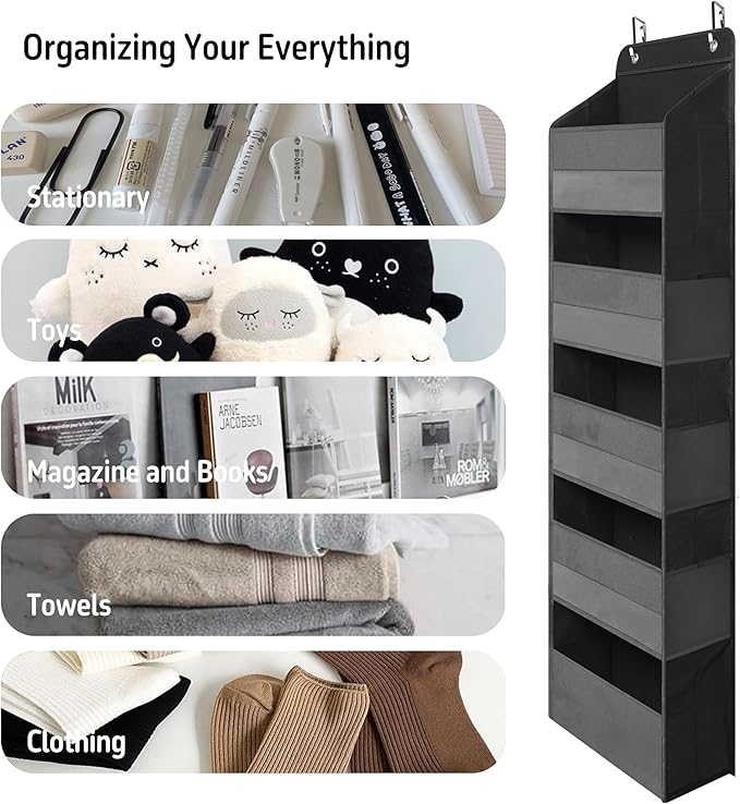 Over Door Organizer with 5 Large Pockets, Heavy Duty Hanging Organizer Storage, Closet Bathroom Nursery Bedroom Dorm, Toys Cosmetics Sundries and Baby Essentials, Black