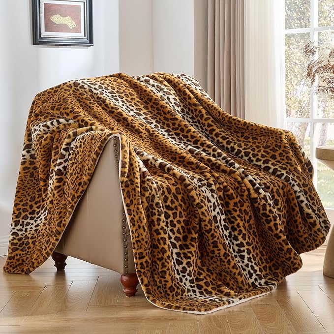 Krifey Leopard Print Blanket, Faux Fur Throws for Bed, Soft Cozy Fuzzy Fluffy Thick Warm Plush Cheetah Print Blanket, Christmas Birthday Gifts for Mom Dad Women Men, Room Decor, 60x80in