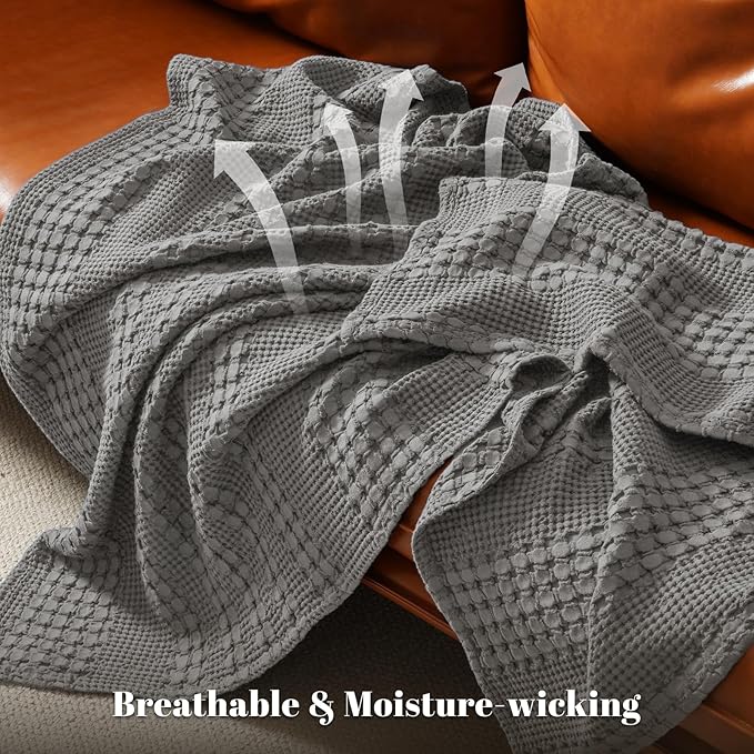 PHF 100% Cotton Waffle Weave Throw Blanket, Soft Lightweight Breathable Cozy Throws for Couch Bed Sofa, Luxury Aesthetic Blanket Gift for Home Decor & Office, 50"x60", Dark Grey