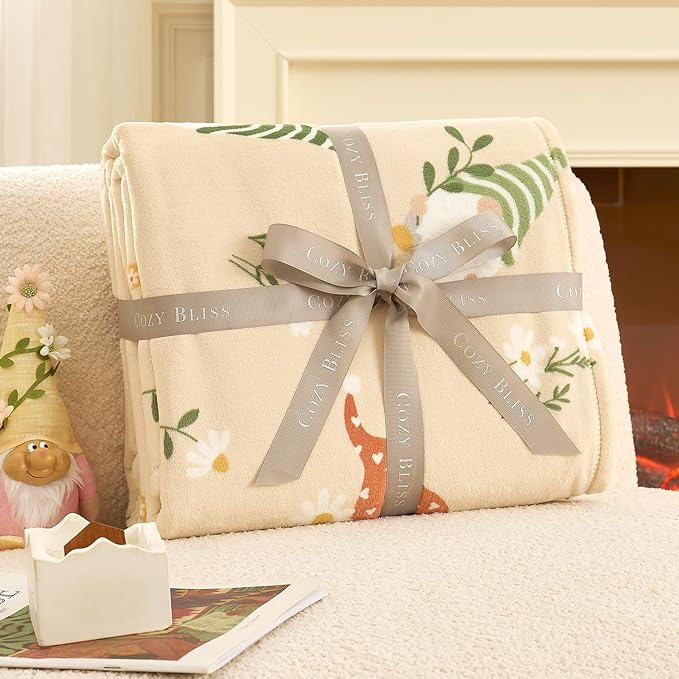 Cozy Bliss Gnome Spring Throw Blanket - Garden Daisy Floral Design, Warm MilkyPlush Throw Blankets, Ultra Soft Cozy Blankets for Couch, Sofa and Bed, Beige, 60X80inches