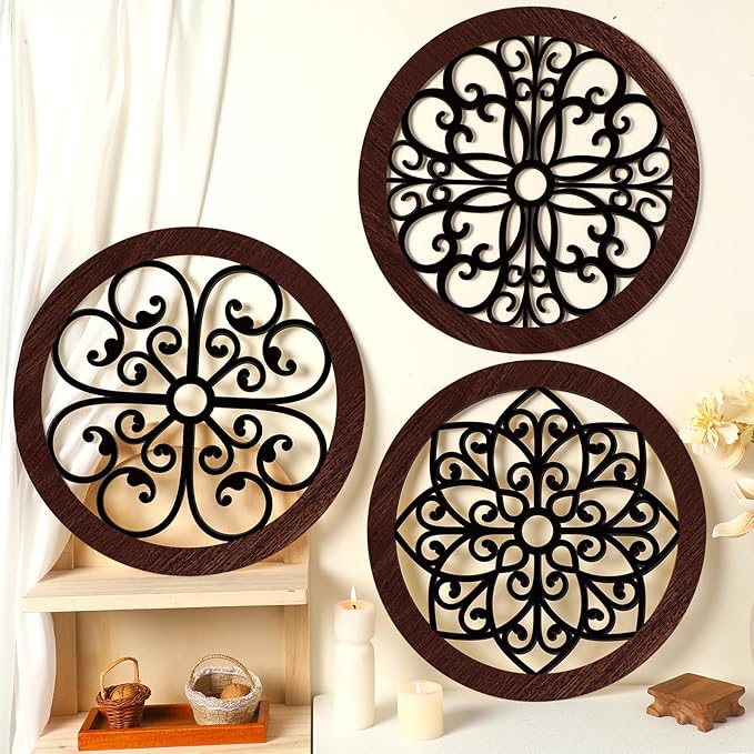 Yulejo 4 Pcs Thicken Rustic Wall Decor Farmhouse Kitchen Wall Round Art Wooden Hollow Carved Design Rustic Art for Living Room Bedroom Hallway Decor (15.7 x 15.7 Inch,Black, Brown)