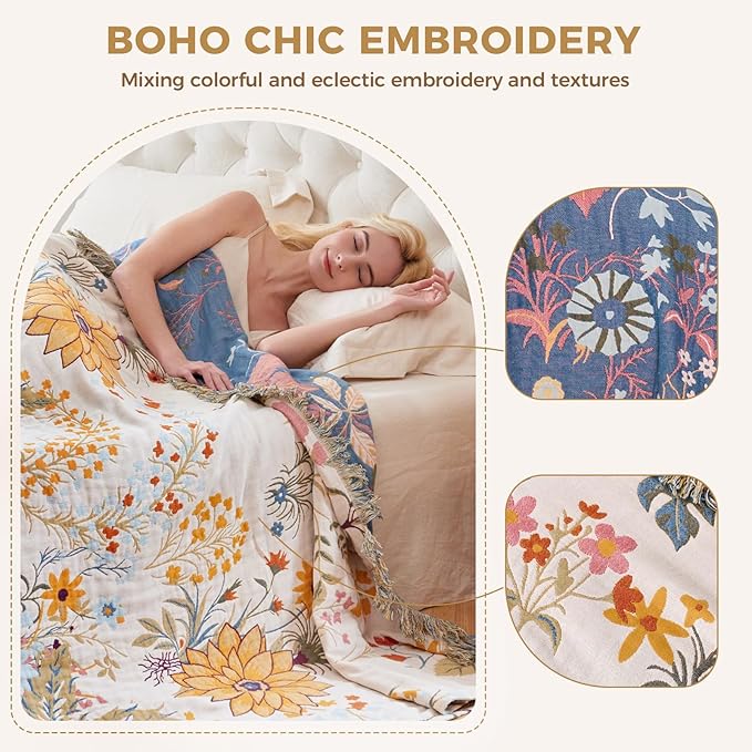 Boho Throw Blanket for Bed Cotton Spring Blankets Twin Size for Bedroom Living Room All Season Lightweight Floral Embroidery Reversible Quilt for Couch Sofa Chair 60"x80" Home Decor