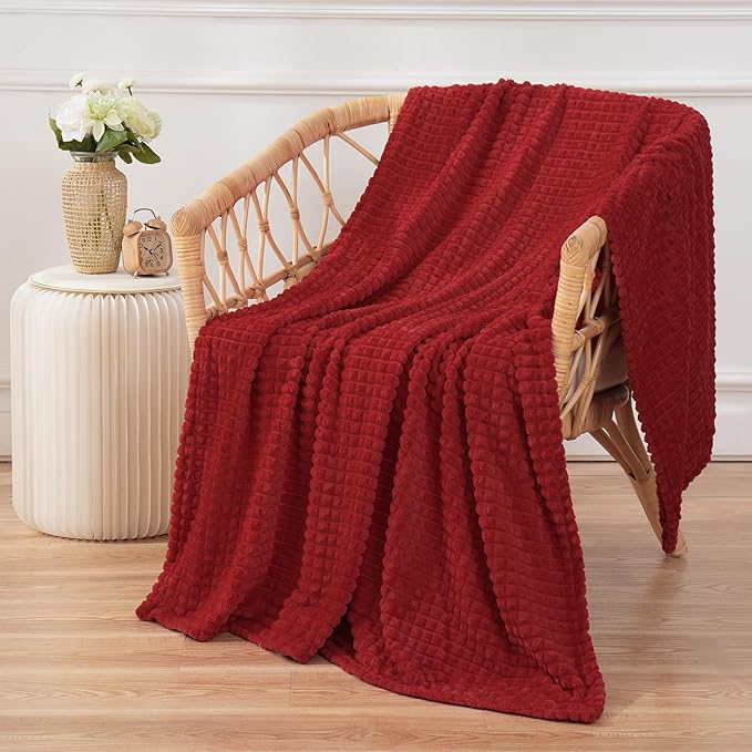 Puncuntex Flannel Fleece Throw Blanket Red 108"×90",Super Soft Plush Cozy Blanket with Square Grid Design Luxury for Couch Sofa Chair