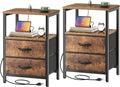 Huuger Nightstands Set of 2, End Tables with Charging Station, Fabric Drawers, Bedside Tables with USB Ports and Outlets, Night Stands for Bedroom, Rustic Brown
