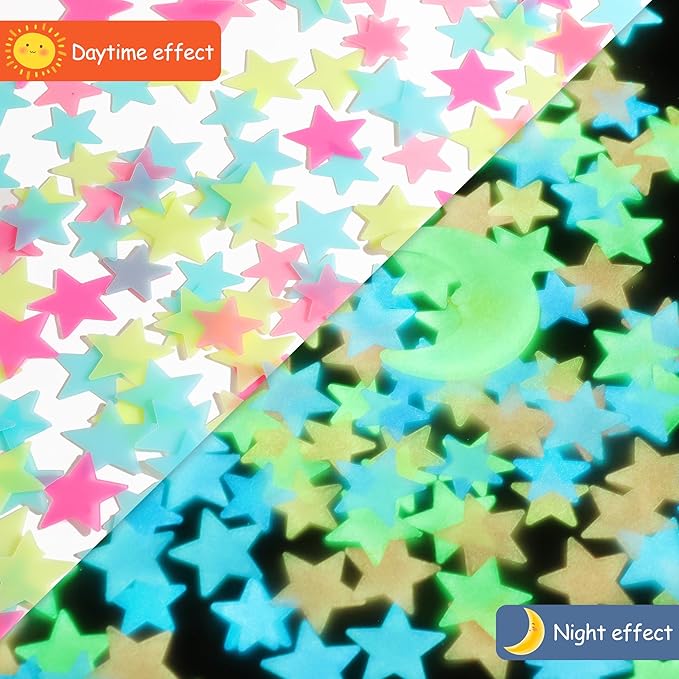 AM AMAONM Glow in The Dark Luminous Stars Fluorescent Noctilucent Plastic Wall Stickers Murals Decals for Home Art Decor Ceiling Wall Decorate Kids Babys Bedroom Room 100PCS Yellow Moon and Stars