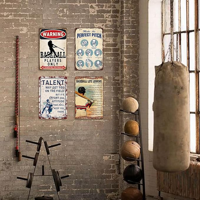 4 Pcs Baseball Metal Tin Signs Baseball Room Decor for Boys Vintage Sports Wall Art for Men Baseballs Player Poster Gifts for Boys 8-12 Baseballs Sign Accessories Decorations for Bedroom 12x8 Inch