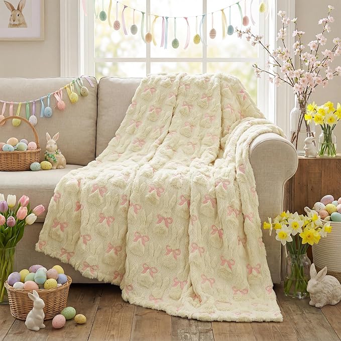 Horaldaily Easter Solid Blanket Throw, Beige Rabbits Bow Soft Fuzzy Plush Faux Fur Cozy Blankets for Couch Sofa Bed Lounging, Ideal Gifts for Kids Adults Wife Self, 50x60