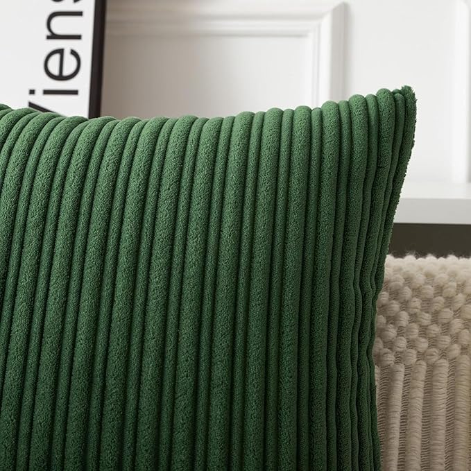UGASA 12x20 Inch Lumbar Soft Throw Pillow Cover Boho Farmhouse Striped Corduroy Decorative Both Sides Solid Rectangular Cushion Case for Couch Bedroom Sofa Home, 1 Piece, Christmas Green