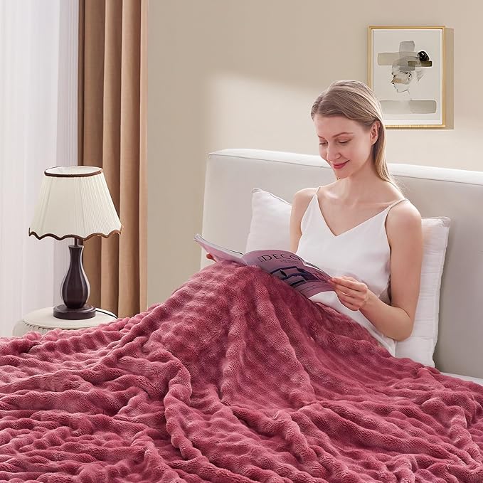 3D Bubble Plush Blanket Textured Fleece Throw Soft Warm Cozy Blanket Couch Bed Throw Rose 50x60 Inches
