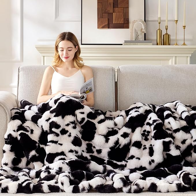 Faux Fur Throw Blanket, 1000GSM Fluffy Soft Bubble Blanket for Couch Bed, Cozy Plush Warm and Thick Blanket, Fuzzy Rabbit Throw for Living Room Bedroom 90''*104'' Cow Black