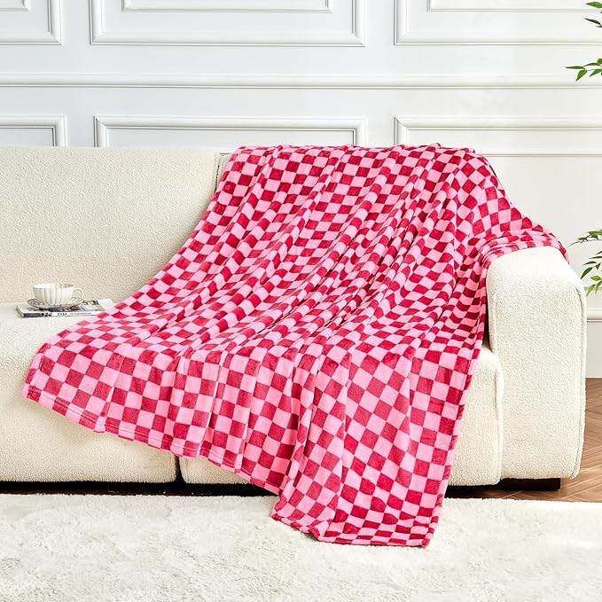 FY FIBER HOUSE Checkered Flannel Fleece Throw Blanket Queen Size Soft Cozy Checkerboard Grid Print Chessboard Gingham Pattern Blankets for Bed Couch Sofa, 90"x90", Hot Pink
