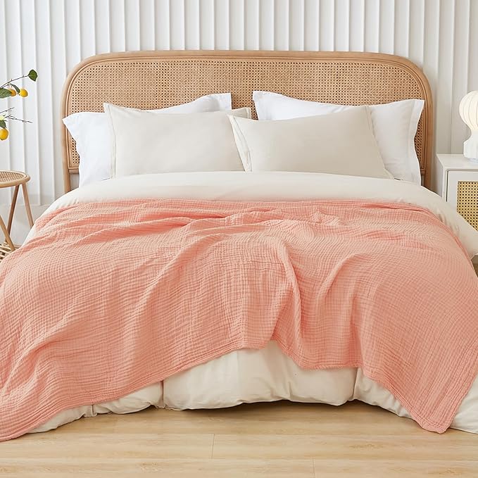 EMME Cotton Muslin Queen Blanket Bed Layering Bedspread Coverlet Breathable Gauze Soft Lightweight Adults (Pink,90"x90")