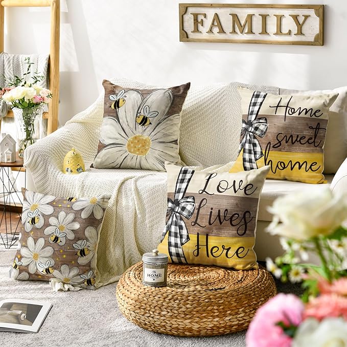 AVOIN colorlife Home Sweet Home Bee Daisy Throw Pillow Covers, 20 x 20 Inch Love Lives Here Spring Summer Stripes Polka Dots Cushion Case for Sofa Couch Set of 4