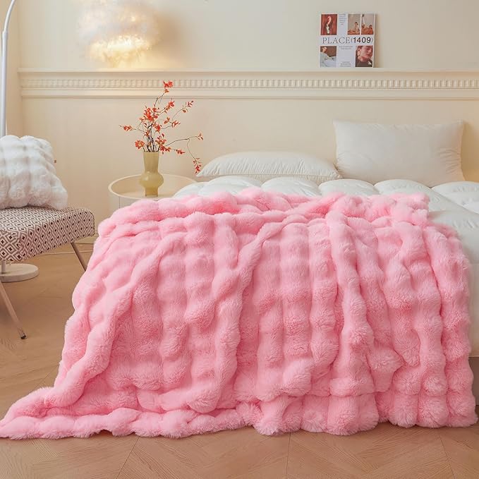 LIFEREVO Luxury Fluffy Faux Rabbit Fur Blanket, Plush Fuzzy Bubble Waffle Throw Couch Sofa, Cozy Comfy Furry Bed Blanket Home Decoration, Aesthetic Shaggy Throw for Bedroom Living Room, 60x90, Pink