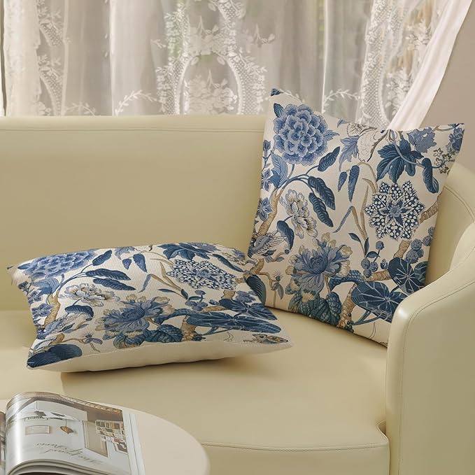 Blue Floral Pillow Covers 18x18 Set of 2 Vintage Floral Throw Pillows Chinoiserie Flower Botantical Decorations Pillowcase Outdoor Decor Linen Farmhouse Cushion Case for Couch Sofa Bed