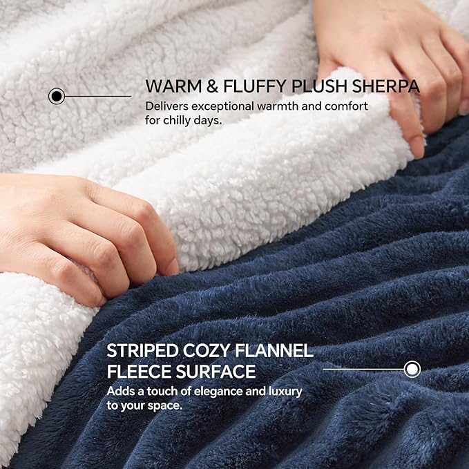 INFIIXSO Sherpa Throw Blanket for Couch - Super Soft & Warm Striped Fleece Blanket, Cozy Plush Fluffy Blanket All Season Use (Navy Blue, 60x80 Inches)