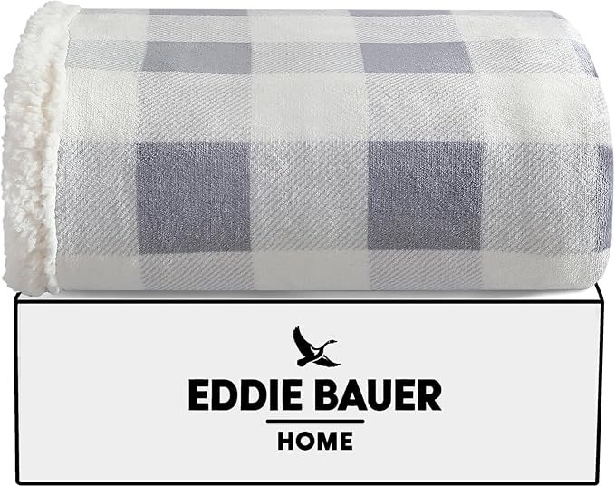 Eddie Bauer - Throw Blanket, Brushed Fleece & Plush Sherpa Bedding, Throw Blanket for Couch & Bed (Mountain Plaid Chrome Grey, 50" x 60")