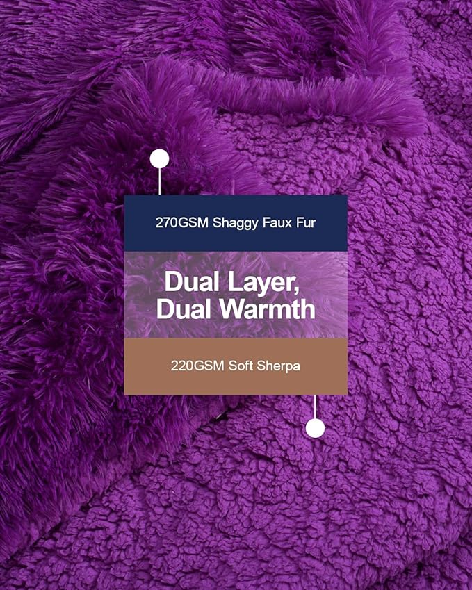 Pawque Faux Fur Blankets Twin Size 60x80 Inches, Soft Fuzzy Fluffy Blanket, Warm Thick Sherpa Long Hair Shag Reversible Lightweight Cozy Throw for Bedroom Sofa Couch, Purple