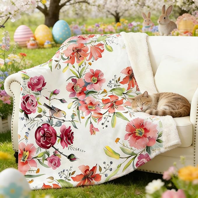 yuboo Spring Floral Throw Blanket, Pink Watercolor Flower Gifts for Women, Mom, Elders and Girls, Floral Blanket, Soft and Cozy Blanket for Spring Decor 50 x 60In