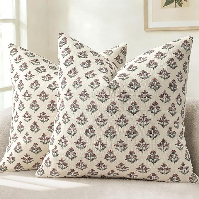 YCOLL Farmhouse Floral Print Throw Pillow Covers 20x20 Set of 2, Rustic Decorative Cushion Covers for Sofa Couch Bed Living Room, Vintage Floral Patterned Cottage Home Decor, Withered Rose