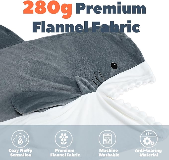 Touchat Shark Blanket for Adult Super Soft Cozy Flannel Throw Wearable Blanket, Cartoon Animals Blanket Hoodie, Sleeping Bag Cosplay Costume Gifts for Shark Lovers (Grey, L)
