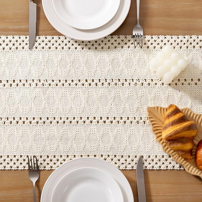 Socomi Boho Table Runner Macrame Long Easter Spring Farmhouse Woven Cotton Linen Rustic Coffee Table Runner with Tassels for Dresser Scarf Home Decor Dining Room 12x108 inch Cream Ivory