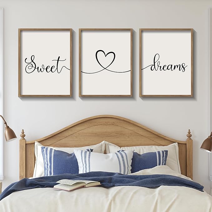 Ronasip Sweet Dreams Wall Decor for Bedroom Set of 3 Framed Wall Art for Farmhouse Rustic Home Master Bedroom Decor (11”x14”, Brown)