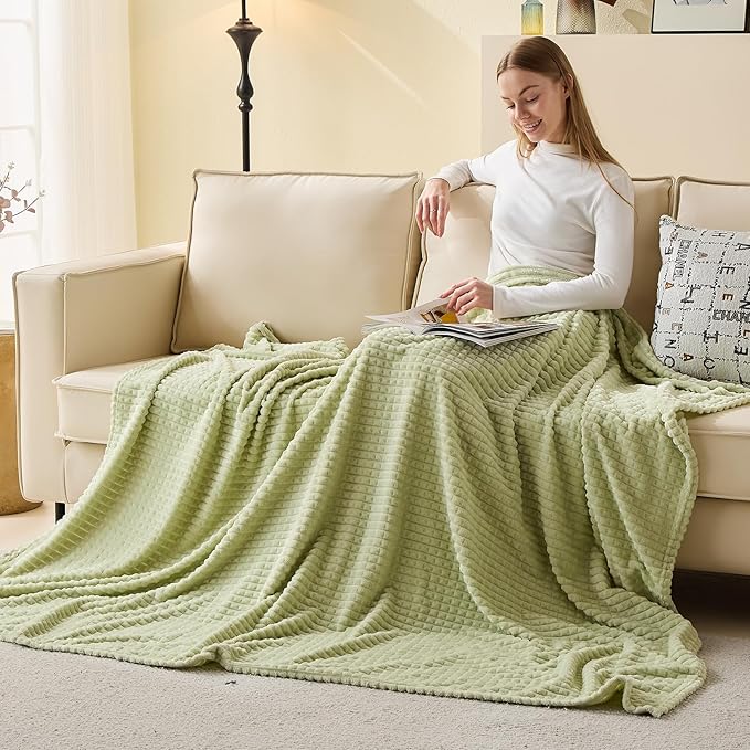 EMME Fleece Blanket, 3D Jacquard Throw Blanket for Couch and Bed, Soft Cozy and Fluffy Blankets Lightweight Luxury Flannel with Geometric Grid Design (Sage Green, 50'' x 60'')