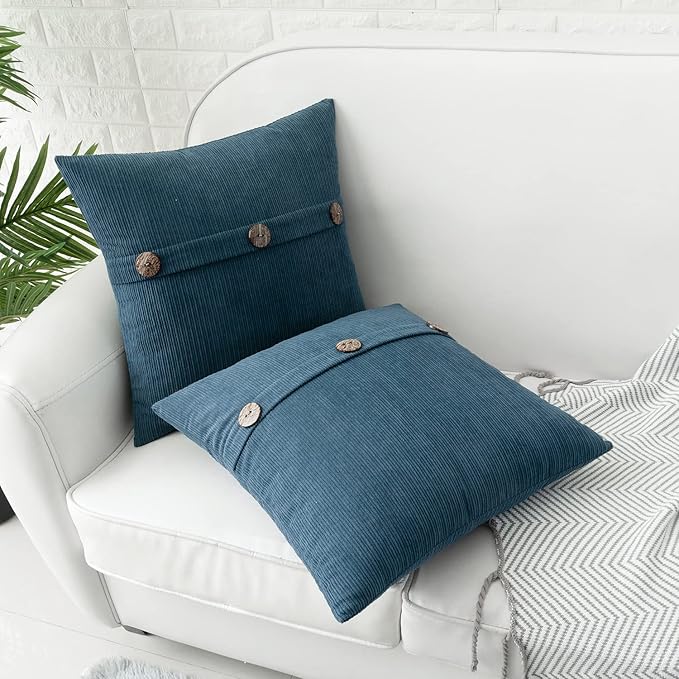 HWY 50 Blue Chenille Throw Pillow Covers 22x22 Inch with Triple Buttons, Soft Farmhouse Accent Decorative Cushion Cases for Couch Sofa Bed Living Room Pack of 2
