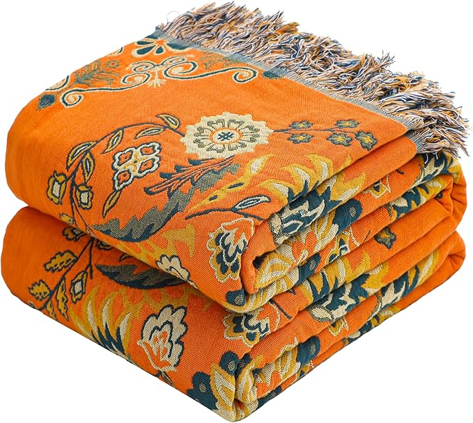 Boho Large Throw Blanket, 100% Organic Muslin Cotton Breathable Soft Bed Throw - Floral Farmhouse Decor Blanket for Sofa Couch Chair and Gift. 80" x 90"- Orange