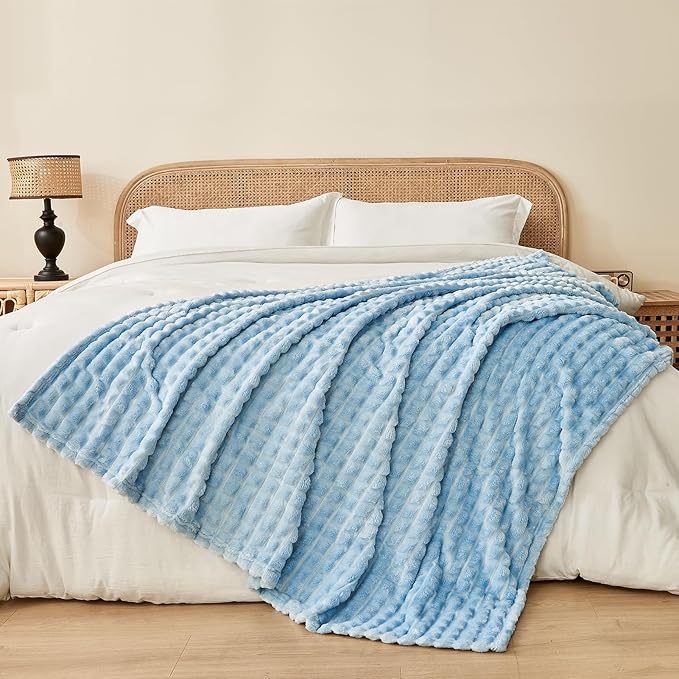 FY FIBER HOUSE Bed Blanket for Couch Soft Warm Fuzzy King Size Blankets for Sofa All Season Use, 108x90 Inches, Blue