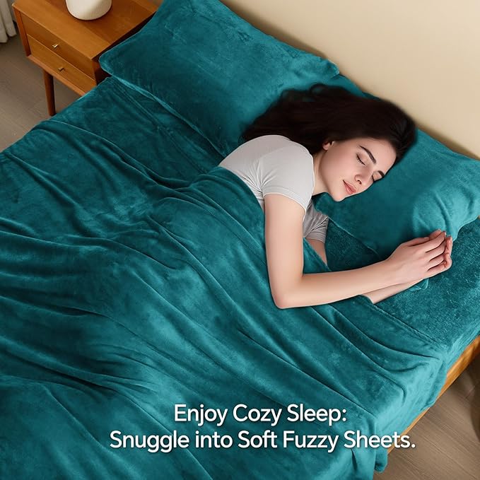 BEDELITE Flannel Sheets Queen Size Teal - Super Soft Fleece Sheets Set Fluffy Extra Plush, 4 Piece(Include Fitted Sheet, Flat Sheet, 2 Pillowcases)