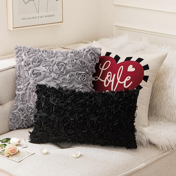 MIULEE 3D Rose Flower Pillow Cover Decorative Spring Floral Romantic Stereo Chiffon Aesthetic Solid Pillowcase for Girl Bedroom Living Room Decor 12x20 Inch Black