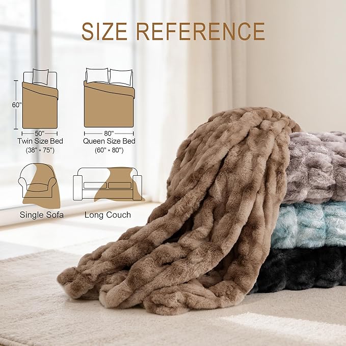 Ultra Soft Luxury Faux Fur Twin Blanket for Couch, Fuzzy Fluffy Plush Warm Cozy Ruched Blanket for Sofa Bedroom Living Room, Elegant Gift Idea for Women (60"x80",Tie-dye Freshwater Blue)