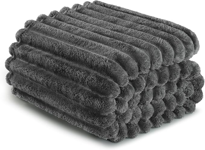 Exclusivo Mezcla Fleece Throw Blanket for Couch, Super Soft Striped Jacquard Bed Blanket, Lightweight Fuzzy Cozy for All Seasons, 50x60 Inches, Dark Grey
