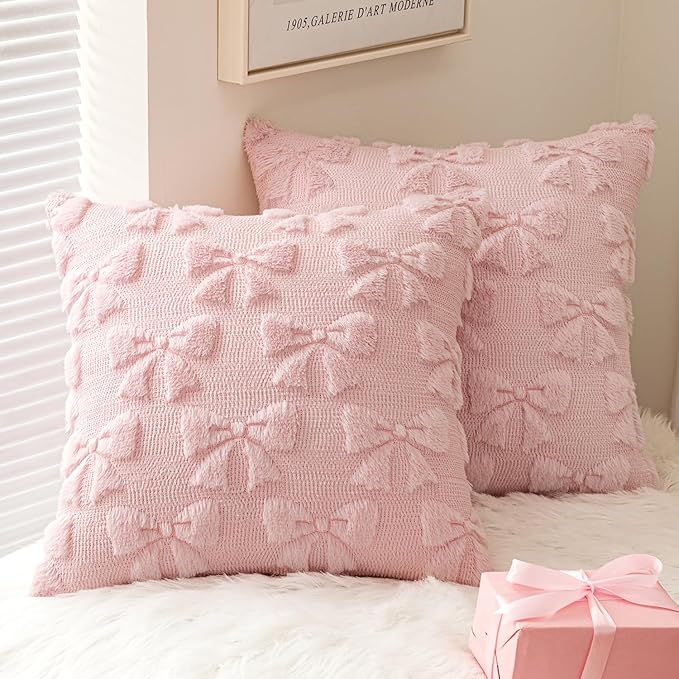 MIULEE Light Pink Bow Pillow Covers Coquette Room Decor Aesthetic Set of 2 Spring Decorative Cute Girl Soft Plush Faux Pillowcase for Preppy Room Decor Bedroom Couch,20x20 Inch