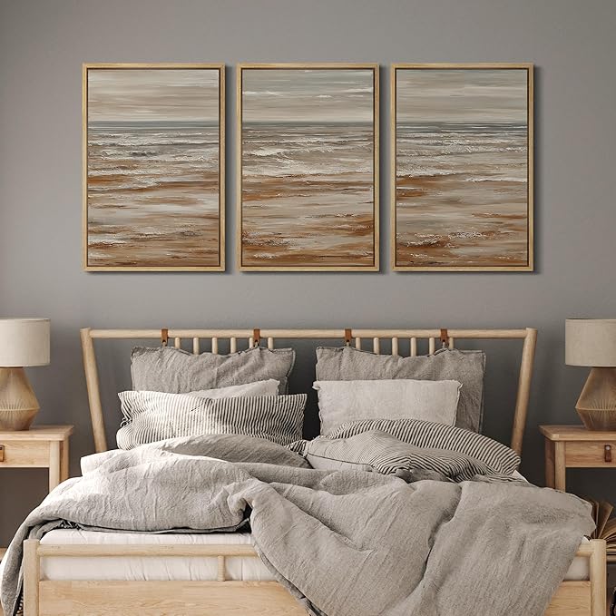 MUDECOR Framed Wall Art Print Set Neutral Coastal Seascape Minimalist Ocean Waves and Sandy Shore Illustrations Modern Art Boho Decorative for Living Room, Bedroom, Office - 16"x24"x3 NATURAL
