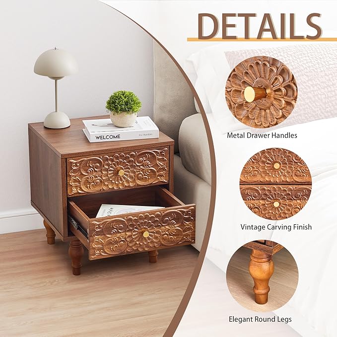 Nightstand, Farmhouse Bedside Table with 2 Drawers and Metal Handles, Wood Sofa Side Table End Table Accent Dresser for Bedroom, Living Room (Walnut-2 Packs) (15.75 x 16.02 x 18.15 Inch)