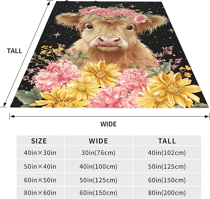 Highland Cow Throw Blanket Soft Warm Cozy Flower Cows Floral Blankets Fuzzy Plush Fleece Highland Cow Blanket Gifts for Couch Bed Sofa Home Decor 40''X50''