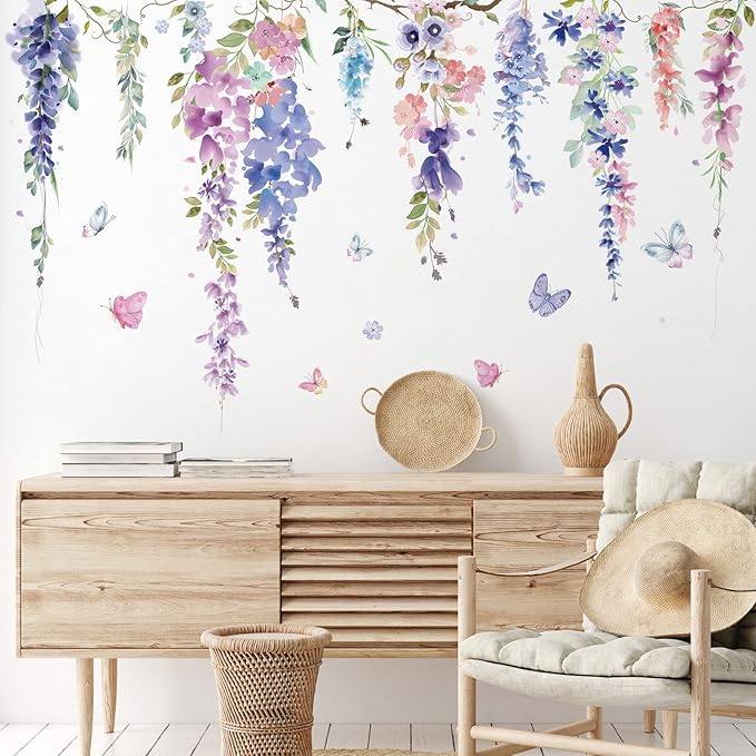Zonon 6 Pcs Flowers Wall Decals Stickers Vinyl Removable Peel and Stick Colorful Dragonflies Floral Wall Murals Decor for Bedroom Living Room Nursery(Elegant)