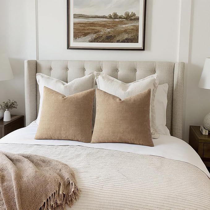 MIULEE Pack of 2 Decorative Throw Pillow Covers Soft Chenille Throw Pillows Solid Textured Cushion Covers for Couch Sofa Bedroom Living Room 18x18 Inch,Starfish Khaki Camel