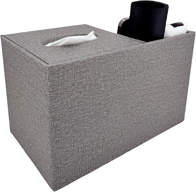 Square Tissue Box Cover,Modern Decorative Cube Tissue Box Holder with Two Compartment Organizers on The Left,Office and Home Living Room,Bedroom,Vanity,Bedside Table,Desktop Tissue Box Storage