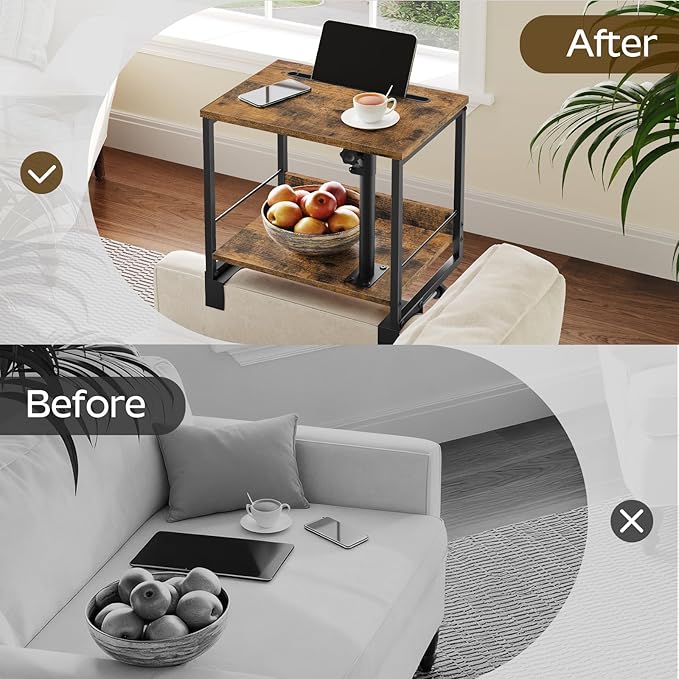 Bedside Shelf, Bed Shelf with 360° Rotating and Height-Adjustable Tray, Drom Side Tray Table, Nightstand with Storage for College, Bedroom, Rustic Brown and Black