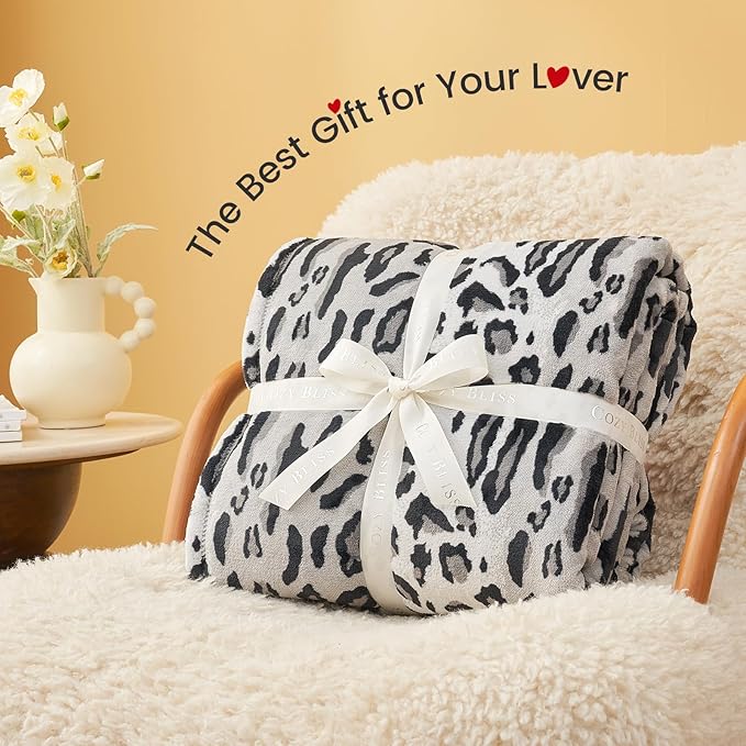 Cozy Bliss Leopard Print Fuzzy Throw Blanket for Couch & Bed, Thick Soft Warm Fleece Blankets for Room Decor, for Girls Kids Women Men, Snow Leopard, Grey 50"*60"