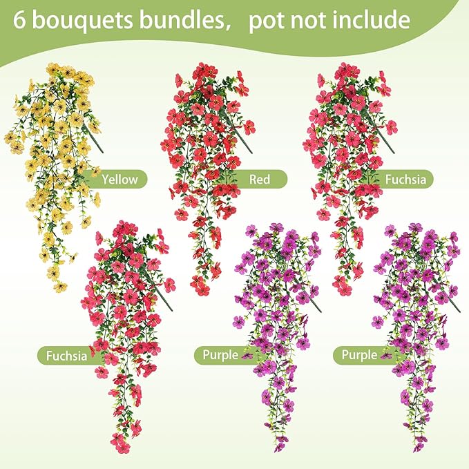 Artificial Flowers for Outdoors Spring Decor, 6 Bundles UV Resistant Realistic Fuax Silk Hanging Flowers, Fake Plants for Planter Indoor Outside Garden Porch Patio Balcony Yard Farmhouse