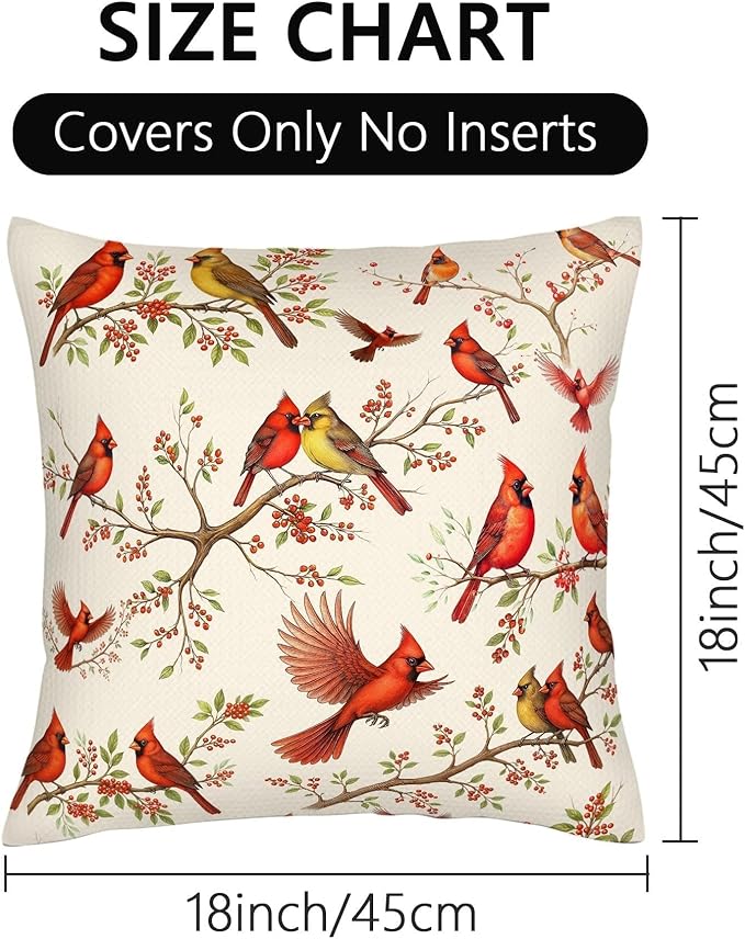 2 Pack Cute Red Cardinal Bird Throw Pillow Covers 18x18, Spring Easter Decorative Pillow Cases, Rustic Cushion Covers for Sofa Living Room Couch Bedroom, for Bird Lovers, Boho Home Decor