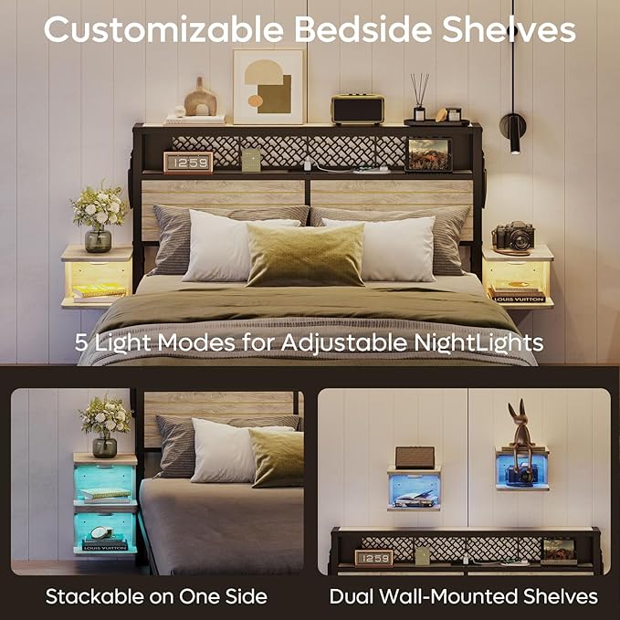 Bestier Queen Bed Frame with Horizontal Golden Stripe Storage Headboard&LED Nightstands, Metal Platform Bed with Charging Station, Heavy Duty Metal Slats, No Box Spring Needed, Noise Free(Grey Oak)